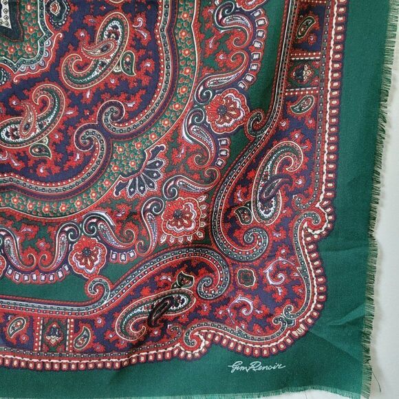 EUC VINTAGE GIM RENOIR GREEN RED PAISLEY LARGE HANKY / SCARF - Picture 2 of 9